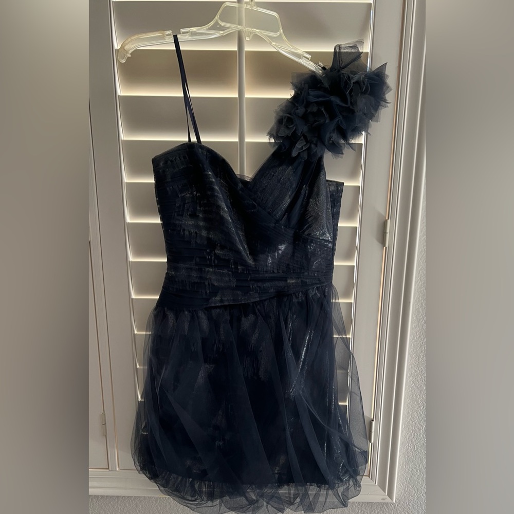 BCBG Max Azria - Blue Tulle One Shoulder Dress W shiny Underlay sz4